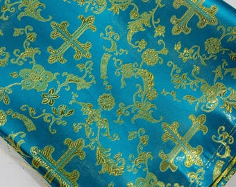 Turquoise & Gold Cross Brocade Fabric: Liturgical Vestment Jacquard (58/60" Wide)