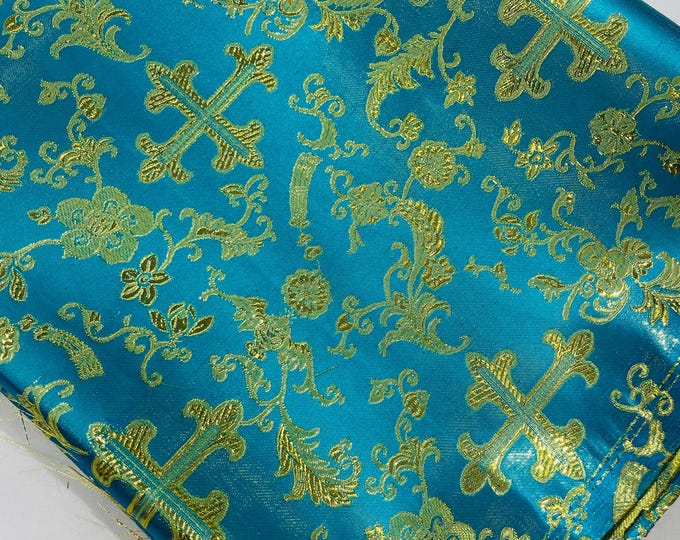Turquoise & Gold Cross Brocade Fabric: Liturgical Vestment Jacquard (58/60" Wide)