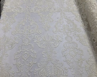 Ivory Lace Fabric, Corded Flower Embroidery With Sequins on a Mesh Lace Fabric By The Yard For Gown, Wedding-Bridal-Dress