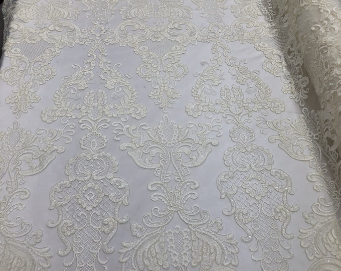Ivory Lace Fabric, Corded Flower Embroidery With Sequins on a Mesh Lace Fabric By The Yard For Gown, Wedding-Bridal-Dress