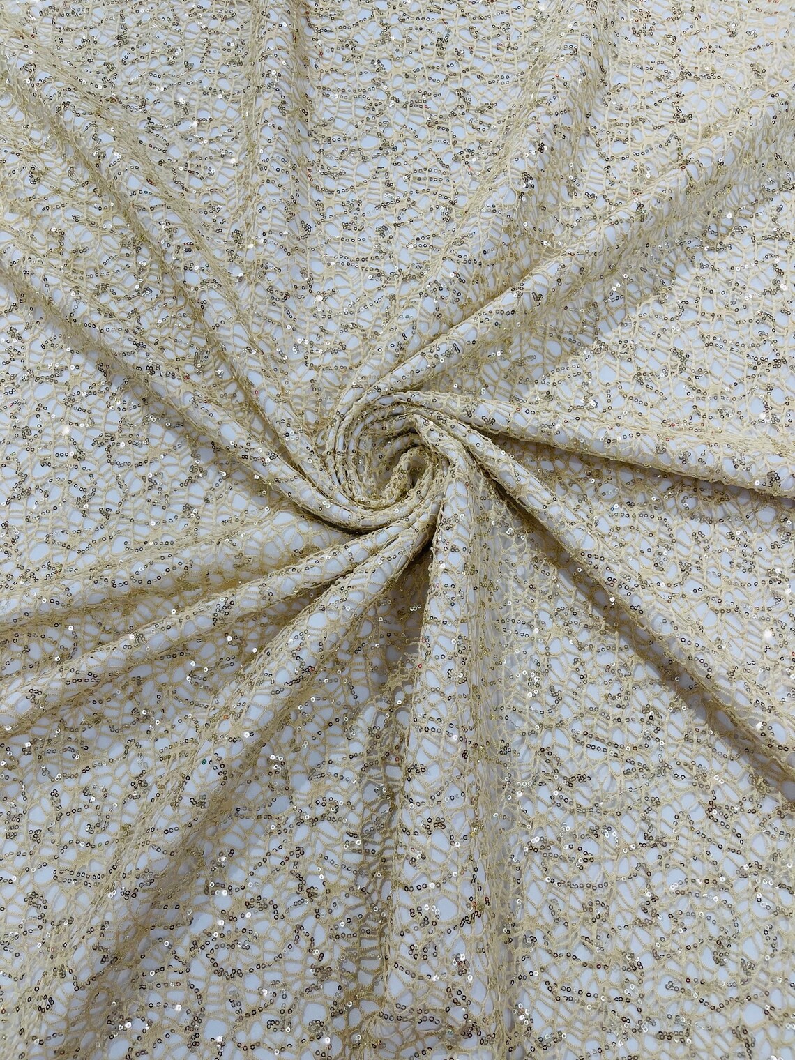 Beige Fish Net Fabric, Cast Net Design Champagne Sequins Embroidery on ...