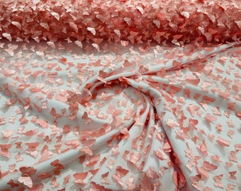 Dusty Rose 3D Butterfly Lace Fabric: Embroidered Tulle Mesh, Bridal Wedding Dress