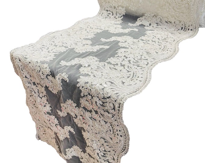14”Wide Ivory Floral Lace Fabric For Runner, by the yard - Embroidery With Sequins on a Mesh Lace Fabric For Applications