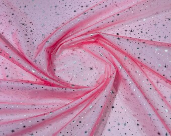 Foil Stars Silver On Coral Sheer Organza Sold by the Yard, 60" Wide - Organza Fabric For Dresses, (Pick a Size)