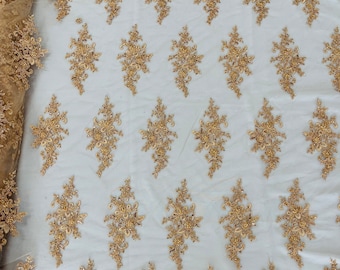 Champagne Beaded Sequins Fabric, Embroidery With Beaded Sequin on a Mesh, Floral Bridal Lace Fabric by the yard (Pick a size )