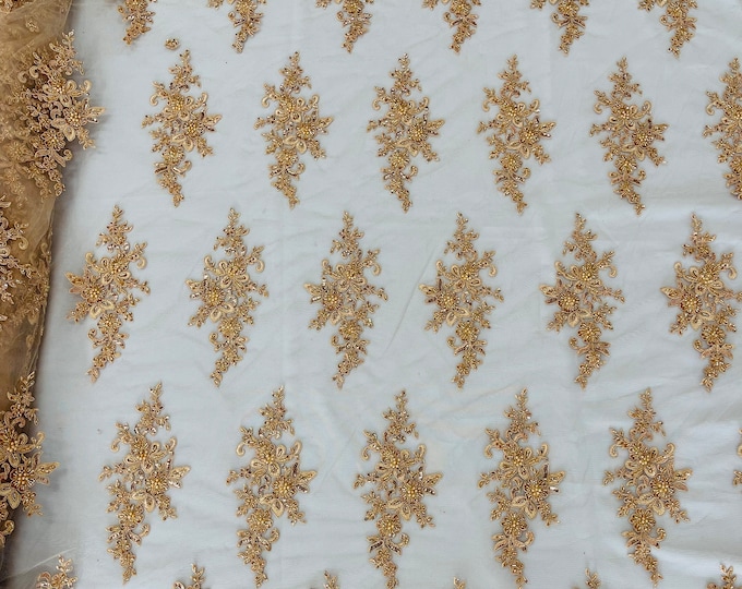 Champagne Beaded Sequins Fabric, Embroidery With Beaded Sequin on a Mesh, Floral Bridal Lace Fabric by the yard (Pick a size )