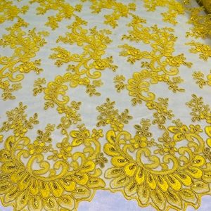 Yellow Lace - Floral Lace Fabric, Embroidery With Sequins on a Mesh Lace Fabric By The Yard For Gown, Wedding-Bridal (Choose The Quantity)