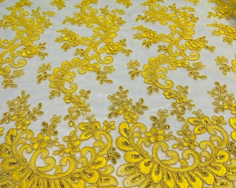 Yellow Floral Lace Fabric: Embroidered Sequins Mesh, Bridal Gown Lace By The Yard