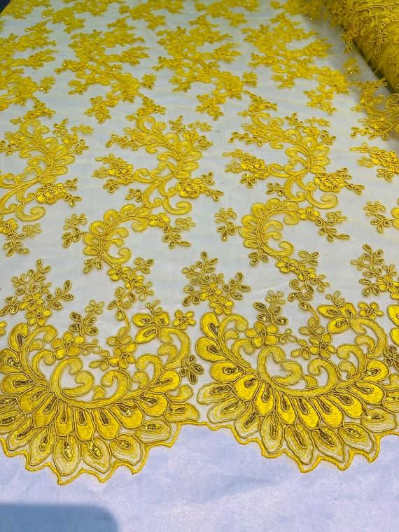 Yellow Lace - Floral Lace Fabric, Embroidery With Sequins on