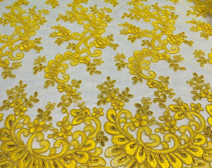 Yellow Lace - Floral Lace Fabric, Embroidery With Sequins on a Mesh Lace Fabric By The Yard For Gown, Wedding-Bridal (Choose The Quantity)