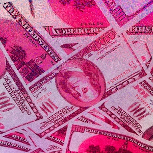 Metallic Pink Money Print Fabric: 100 Dollar Bill Stretch Spandex - By The Yard