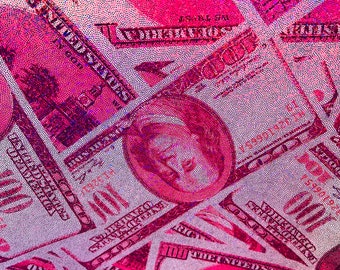 Metallic Pink Money Print Fabric: 100 Dollar Bill Stretch Spandex - By The Yard