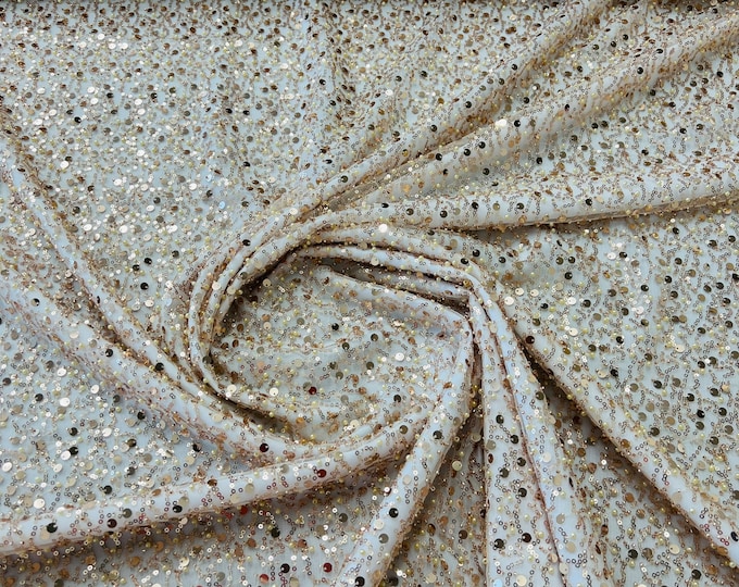 Champagne Embroidery Beaded Fabric By The Yard With Sequin Fabric, Sequin on Mesh Fabric, Handmade Lace, Beads on a Mesh