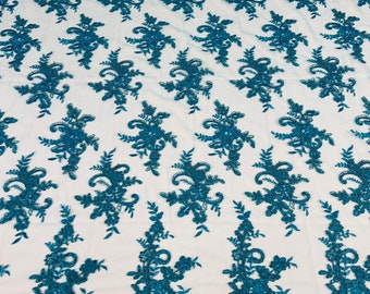 Turquoise Floral Sequined Lace Fabric: Embroidered Mesh, Bridal Wedding