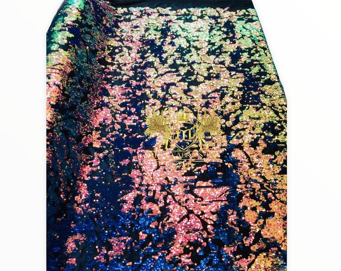 Iridescent Rainbow Sequin on Black Stretch Velvet, Reversible Sequins all Over 5mm Flip Sequins 2-way Stretch 60” (Choose The Quantity)