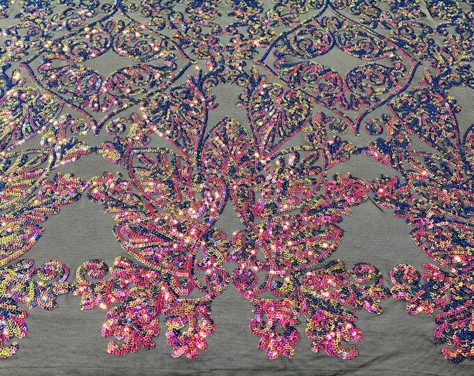 Rainbow Iridescent Sequin on Black Mesh - Camila Design 4 Way Stretch Sequins Fabric, Lace sequins Prom-Gown (Choose The Size)