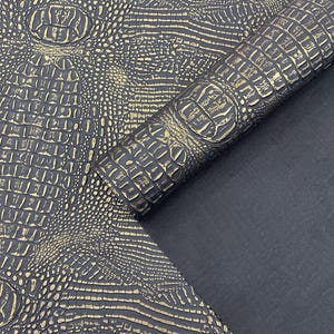 Black Gold Metallic Caiman Gator Vinyl - Upholstery Faux Leather Vinyl Fabric by the Yard, Embossed Gator Caiman Fabric Upholstery