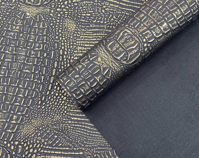 Black Gold Metallic Caiman Gator Vinyl - Upholstery Faux Leather Vinyl Fabric by the Yard, Embossed Gator Caiman Fabric Upholstery