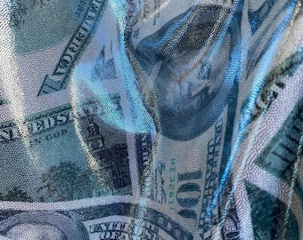 Light Blue Metallic Money Print Fabric: Stretch Spandex, Sold By The Yard