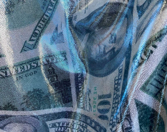 Mia's Fabrics Inc, Money Print Fabric - Light Blue Metallic - 100 Dollar Bills Stretch Spandex Fabric, Sold By The Yard (Pick a Size)