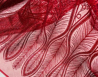 Burgundy Glitter Sequin on Mesh Lace Fabric By The Yard for Wedding Decor, Damask Glitter Sequin Fabric Bridal/Prom, Shimmer Glitter