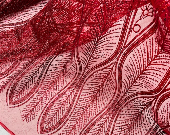 Burgundy Glitter Sequin on Mesh Lace Fabric By The Yard for Wedding Decor, Damask Glitter Sequin Fabric Bridal/Prom, Shimmer Glitter
