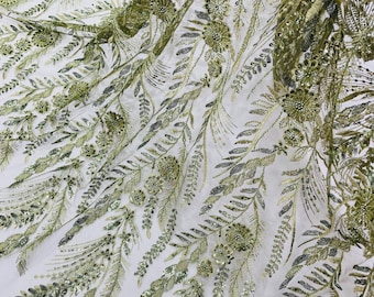 Olive Floral Beaded Lace Fabric: Embroidered Sequin Mesh, Bridal Wedding Dress