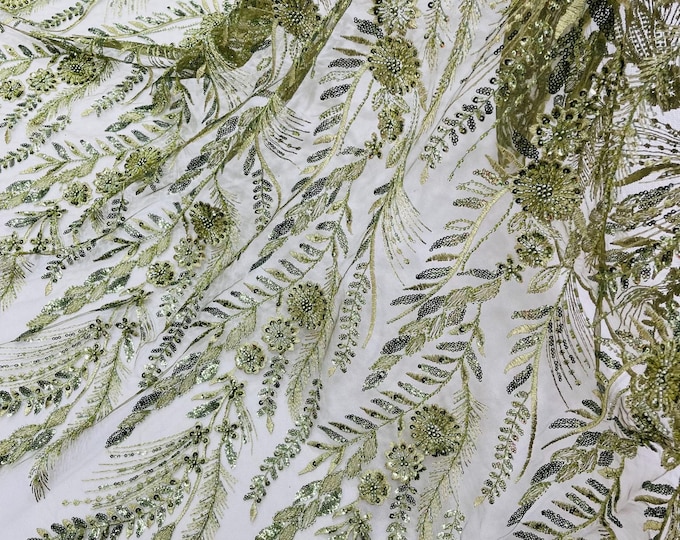 Olive Floral Design Beads and Sequins, Lace Beaded Sequin Floral & Leaves Embroidered on a Mesh Lace,Wedding,Bridal,Dress By The Yard