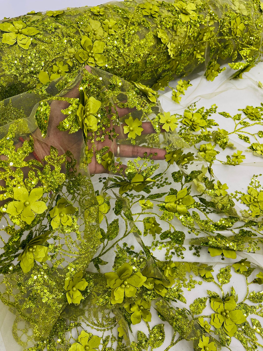 Olive 3D Flower Sequin Fabric, Glitter Floral Mesh, Wedding Dress - Etsy