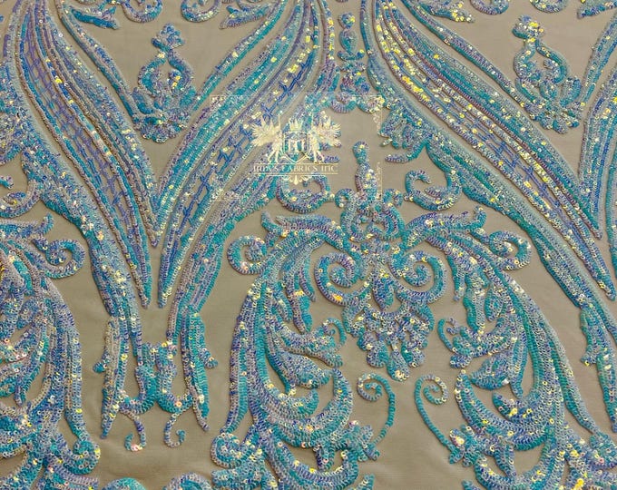 Iridescent Aqua Sequins Fabric -  4 Way Stretch Fancy Big Damask Design Sequins on Spandex Mesh Prom Gala Gown Fabric By The Yard