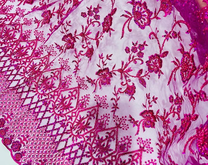 Fuchsia Beaded Sequined Lace Fabric: Embroidered Mesh, Bridal Wedding Dress