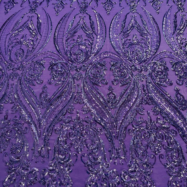 Lilac Sequins  - 4 Way Stretch Fancy Big Damask Design Sequins on Spandex Mesh Prom Gala Gown Fabric By The Yard