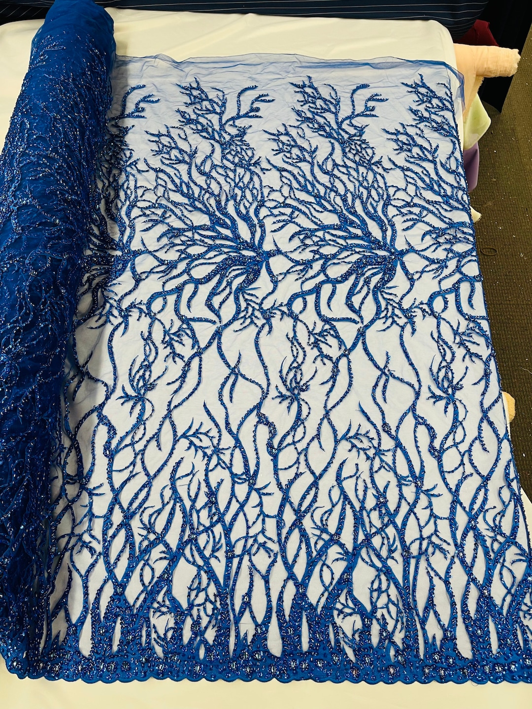 Royal Blue Bridal Wedding Lace Beaded Fabric - by the Yard - Root ...