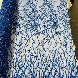 Royal Blue Bridal Wedding Lace Beaded Fabric - by the yard - Root Design Hand Embroidered With Beads and Sequins on a Mesh
