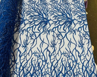 Royal Blue Bridal Wedding Lace Beaded Fabric - by the yard - Root Design Hand Embroidered With Beads and Sequins on a Mesh