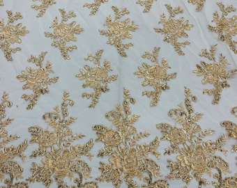 Metallic Gold Floral Sequin Lace Fabric: Bridal Wedding Embroidery