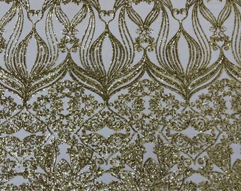 Gold Sequin Fabric Nude Mesh by the yard - Damask Design on Nude Mesh 4 Way Stretch Sequins Fabric Prom-Gown