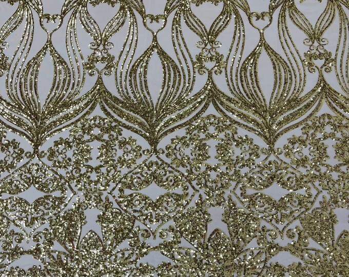 Gold Sequin Fabric Nude Mesh by the yard - Damask Design on Nude Mesh 4 Way Stretch Sequins Fabric Prom-Gown
