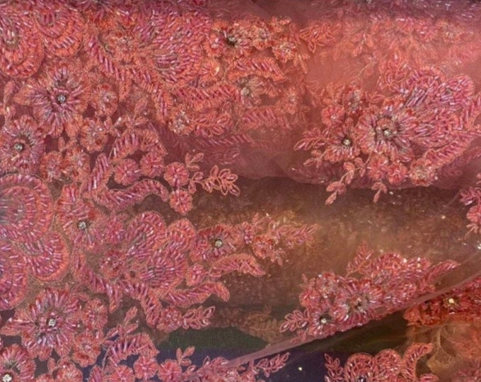 Coral Beaded Fabric, Hand Embroidered Lace Bridal Floral On a Mesh Dress Fabric with Beads By The Yard