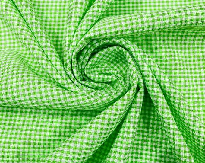 Lime Green & White Gingham Fabric by Yard 1/8” Squares, Poly Cotton Checkered Fabric