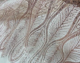 Rose Gold Glitter Sequin on Mesh Lace Fabric By The Yard for Wedding Decor, Damask Glitter Sequin Fabric Bridal/Prom, Shimmer Glitter