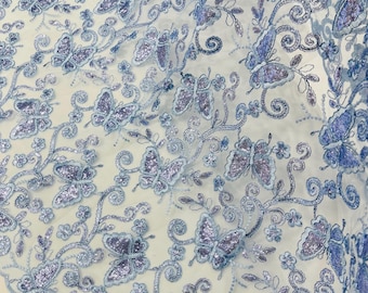 Blue Butterfly Embroidered Lace Fabric with Metallic Thread & Sequins by yard