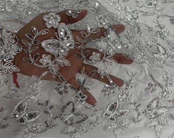 Silver Butterfly Embroidered Lace Fabric: Metallic Sequin Mesh, Scalloped Edge