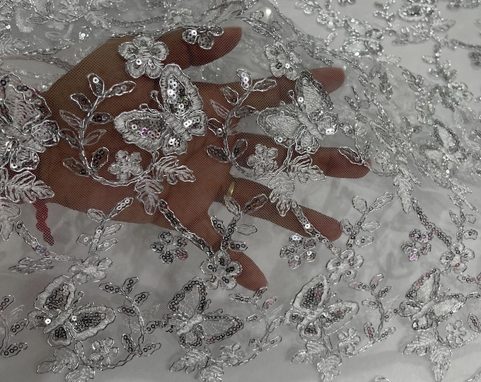 White Silver Metallic Corded Lace Small Butterfly by Yard, Metallic Thread Butterfly Design Embroidered With Sequin on a Mesh Lace Fabric