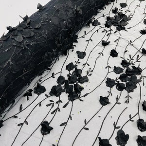 Black Glitter Tulle 3D Flower Lace Fabric Sequin, by the yard, for wedding dress Quinceañera 3D Floral glitter Tulle With Sequins