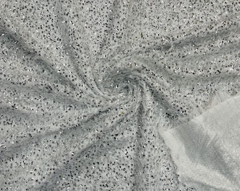White Silver Sequin Eyelash Fringe Fabric - By The Yard