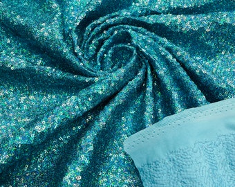 Turquoise Holographic Mini Sequin Fabric: 4-Way Stretch Spandex by the yard