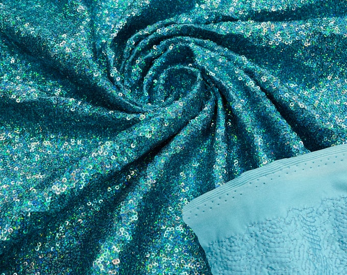 Turquoise Holographic Mini Glitz Sequins by the yard on Spandex Fabric | 4 Way Stretch | Iridescent Mini Glitz Sequin Fabric