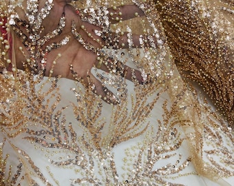 Gold Beaded Damask Fabric: Bridal Appliqué Lace by the Yard
