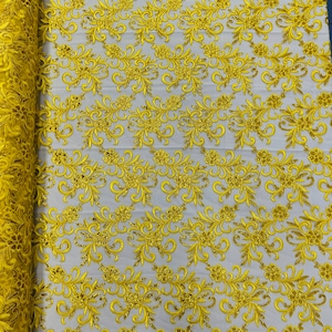 Yellow Floral Sequin Lace Fabric: Embroidered Mesh, Bridal Gown Material by the yard